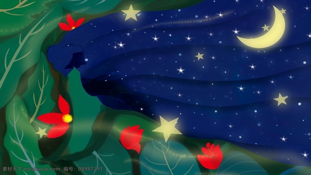 浩瀚 星海 晚安 背景 星空 花朵 背景图 清新背景 小清新 浩瀚星空 月亮 晚安背景 色彩背景 治愈系背景 彩绘素材