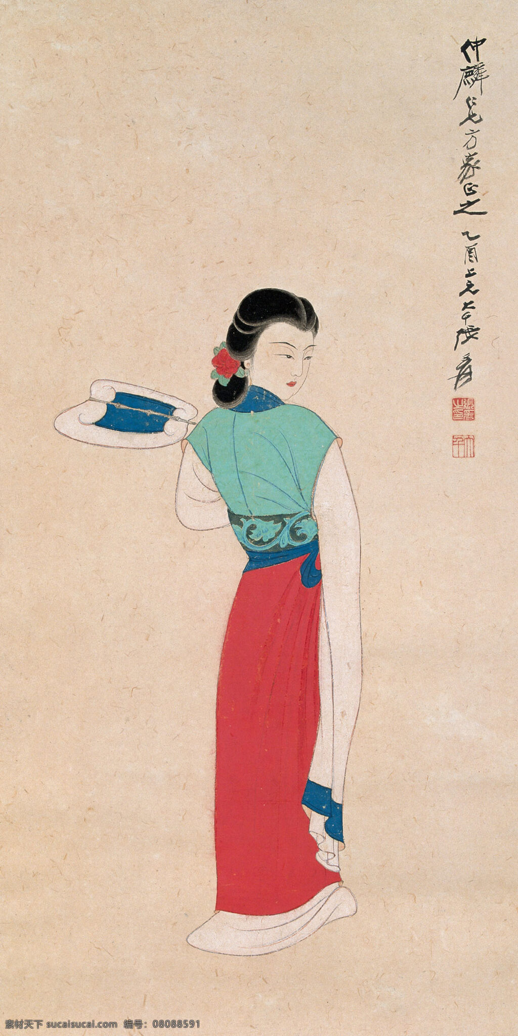 执扇仕女 张大千 仕女 国画 工笔 古典 古装 美女 绘画书法 高清 大图 艺术 传统文化 张大千画仕女 文化艺术