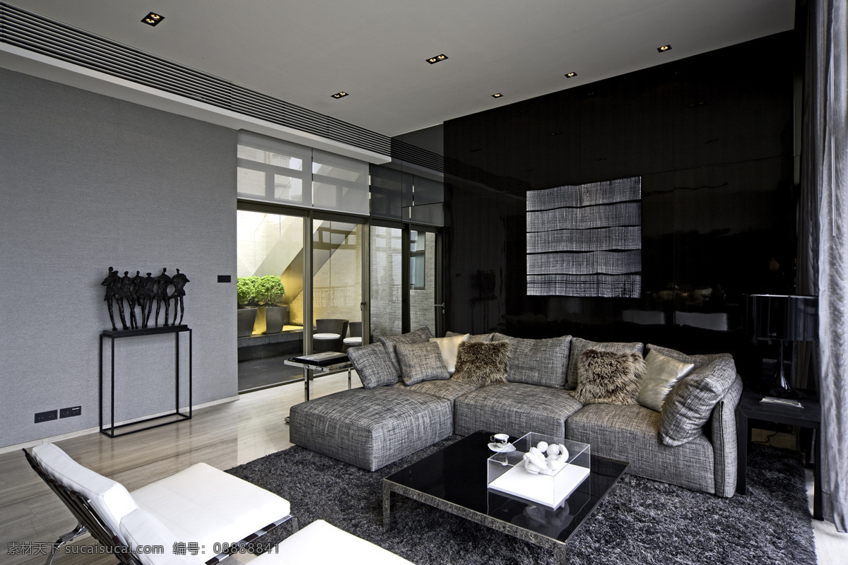 现代 淡雅 客厅 黑色 电视 背景 墙 室内装修 效果图 客厅装修 深色地毯 浅色沙发 瓷砖地板