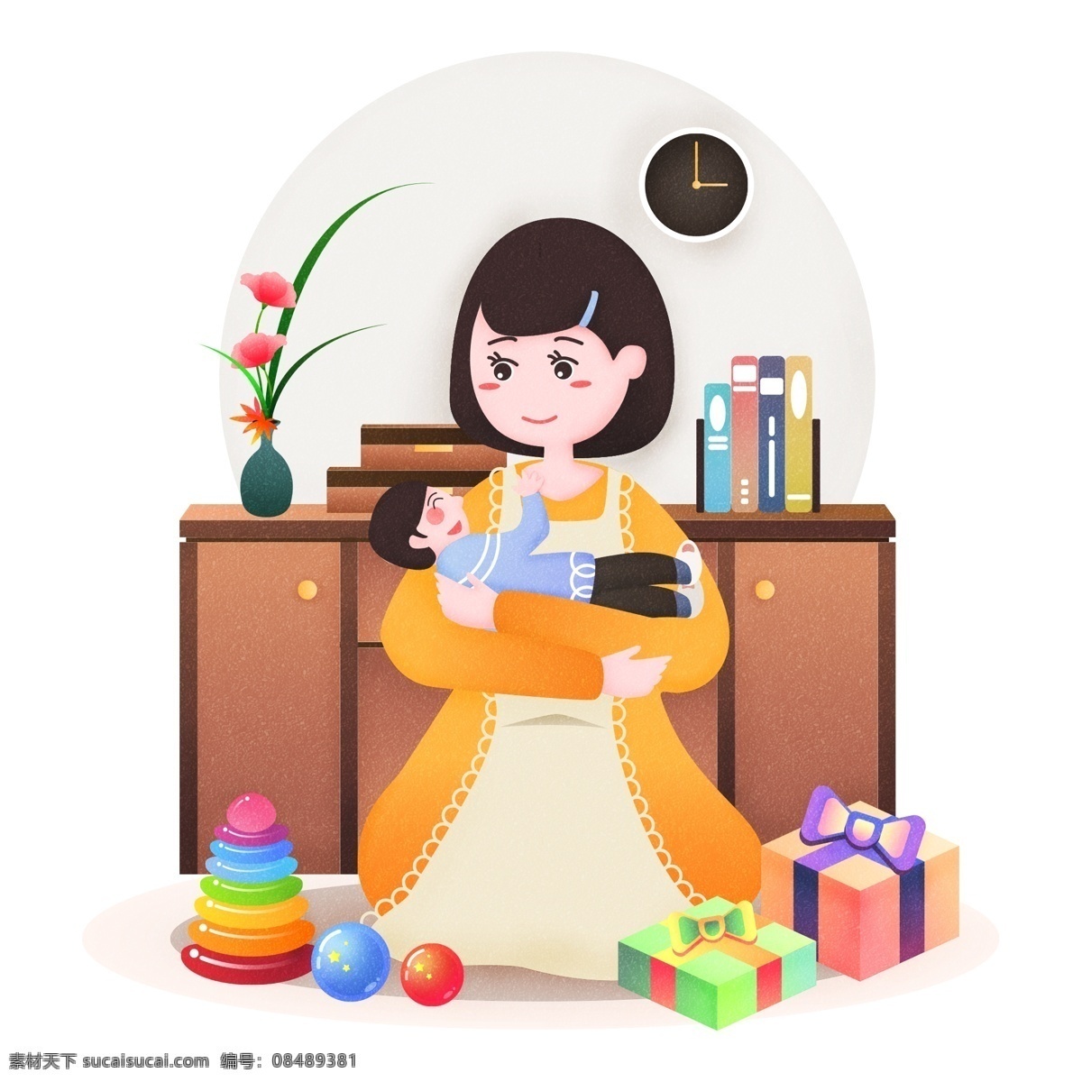 温馨 妇女节 妈妈 孩子 互动 场景 矢量 元素 女王节 母亲 儿女 温暖 怀抱 拥抱 玩具 礼物 家 38妇女节 书本 花瓶 时间