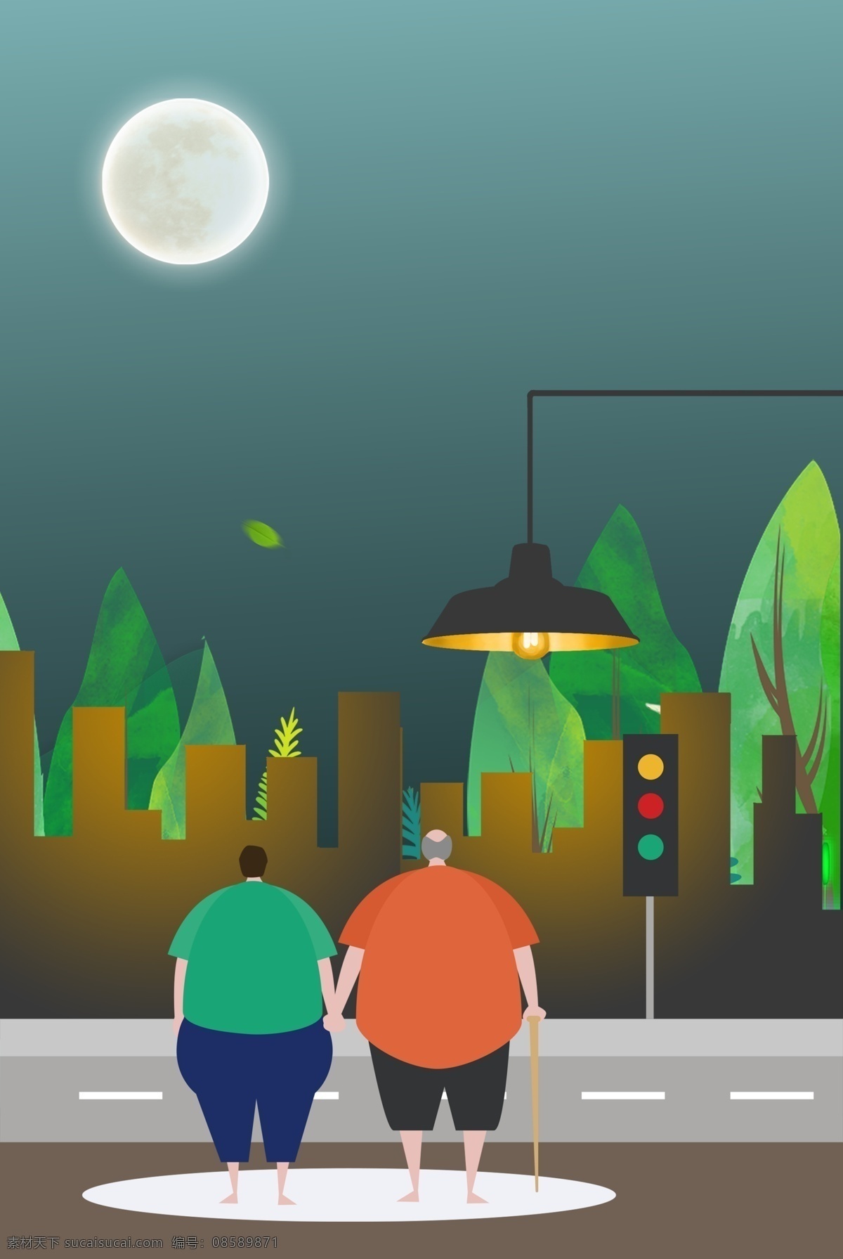 卡通 插 画风 城市 夜景 交通 宣传海报 插画风 建筑 红绿灯 过马路 宣传 海报