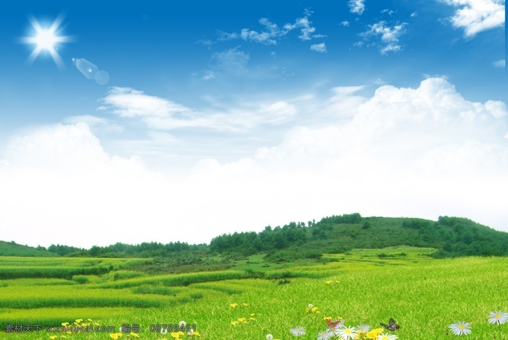 蓝天 鲜花 草地 背景 蓝天草地 漂亮的草 天空 绿色 白云 山丘 白云草地 绿色的草地 风景 热气球 野花 绿叶 太阳 蓝天白云 鲜花草地 草地鲜花 绿草 春天背景 风光 春季 夏季风景 自然风景 自然景观 企业文化 分层