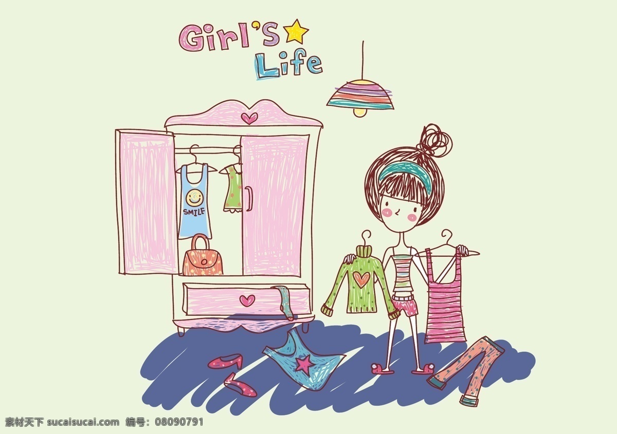 时尚女孩 小女孩 可爱的女孩 衣橱 衣柜 衣服 服装 吊灯 卡通画 时尚插画 儿童插画 矢量 背景底纹 其他设计