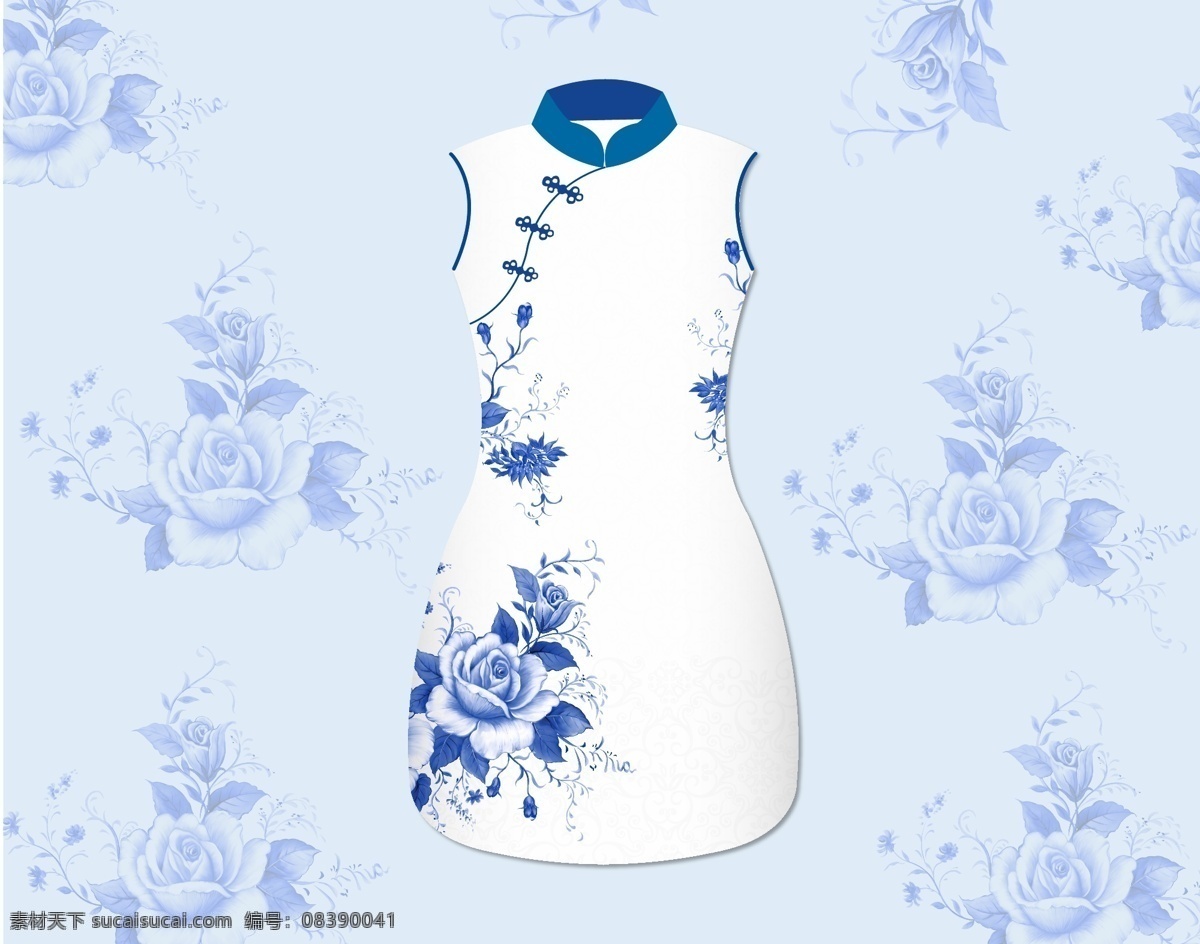 水彩花 暗纹 民族服装 圆领旗袍 花纹旗袍 服装设计