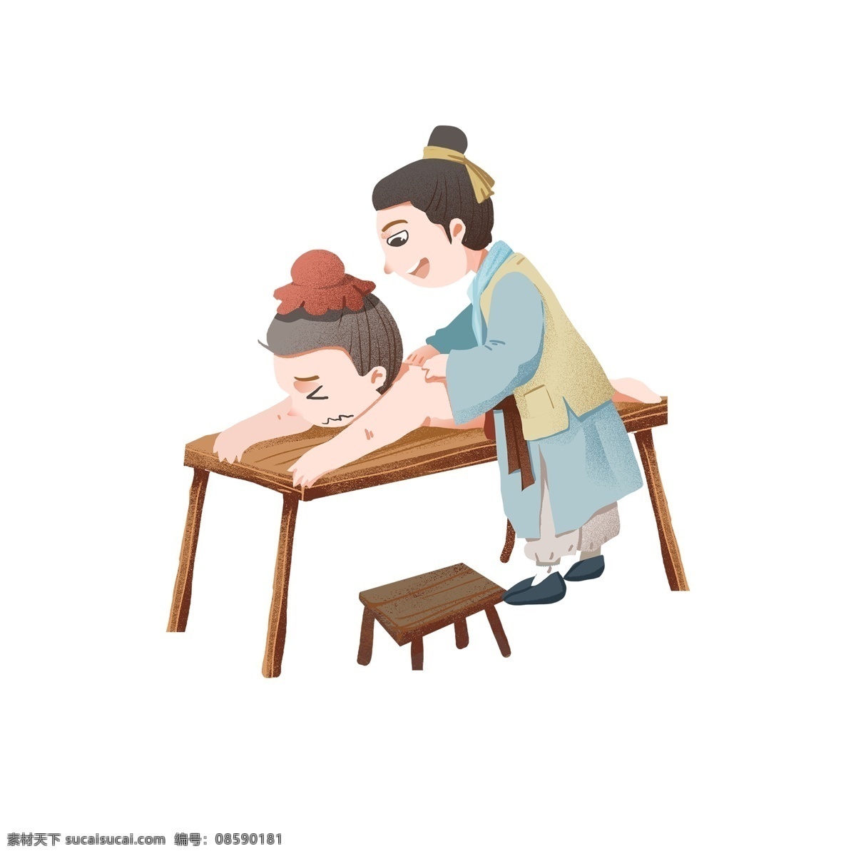 古代 中医 治疗 装饰 元素 装饰元素 手绘 椅子 长椅 医生 病人 按摩