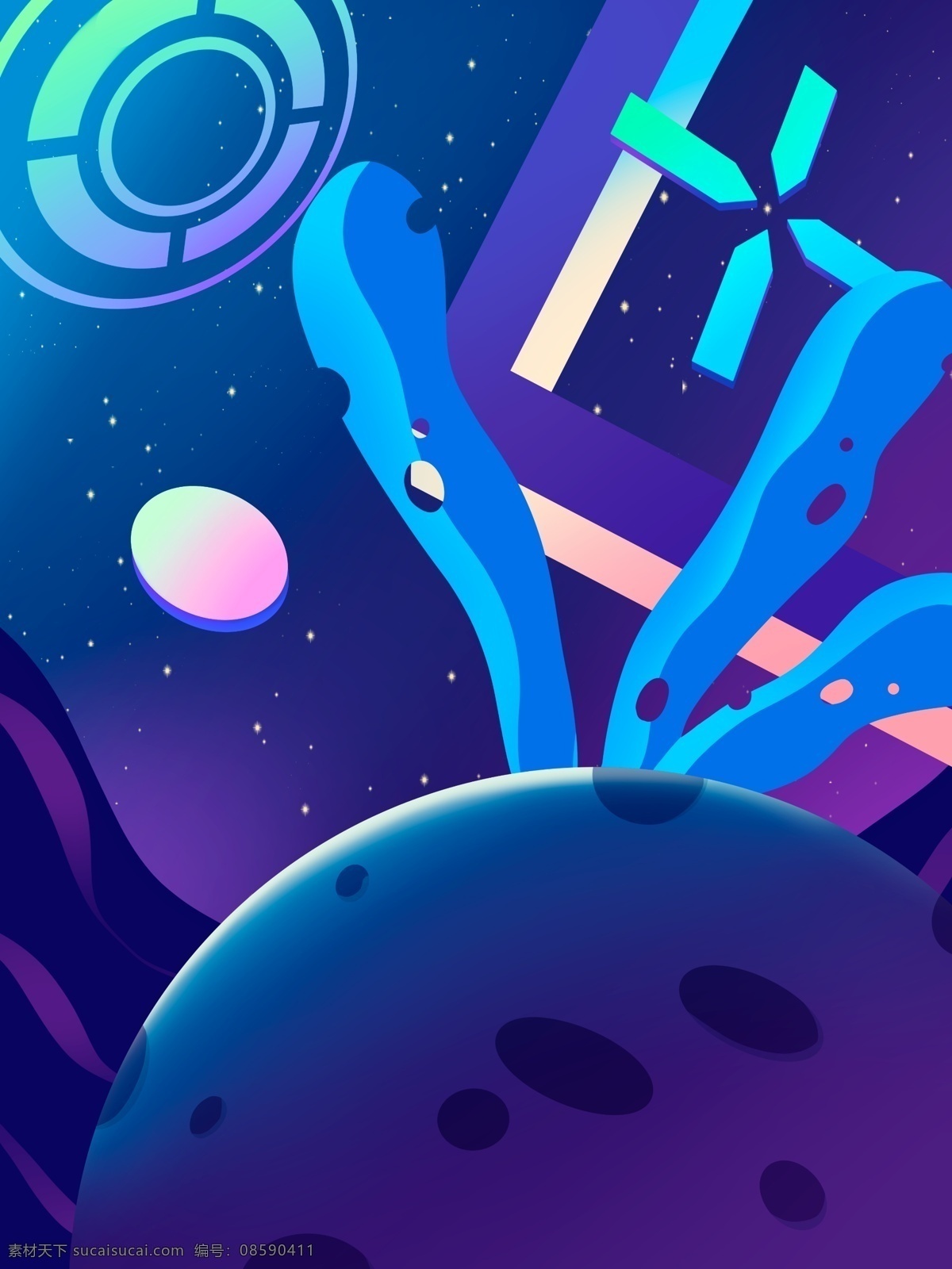 炫彩 卫星 太空 背景 炫彩背景 星空背景 蓝色 广告背景 手绘背景 psd背景 特邀背景 促销背景 背景展板图