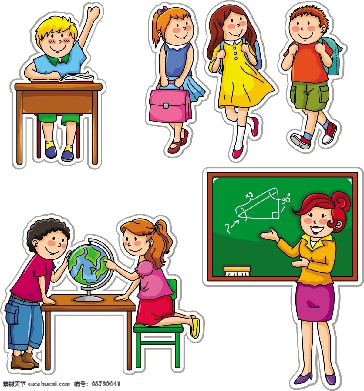 卡通 儿童 插画 矢量 标签 插图 黑板 欢乐 举手 卡贴 可爱的 老师 书包 椅子 桌子 孩子们 全球的 贴纸 学生 矢量图 矢量人物