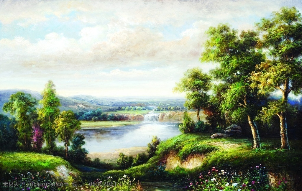 欧洲油画 丛林松翠 丛林 树林 湖泊 油画 欧洲 手绘 挂画 装饰画 无框画 扫描 大图 清晰 挂板 绘画书法 文化艺术 油画系列