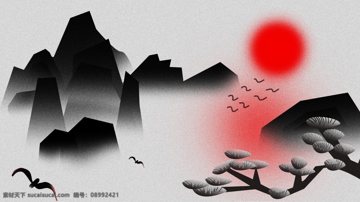 中国风山景图 中国风 渐变 白鹭 诗意 古朴 古松