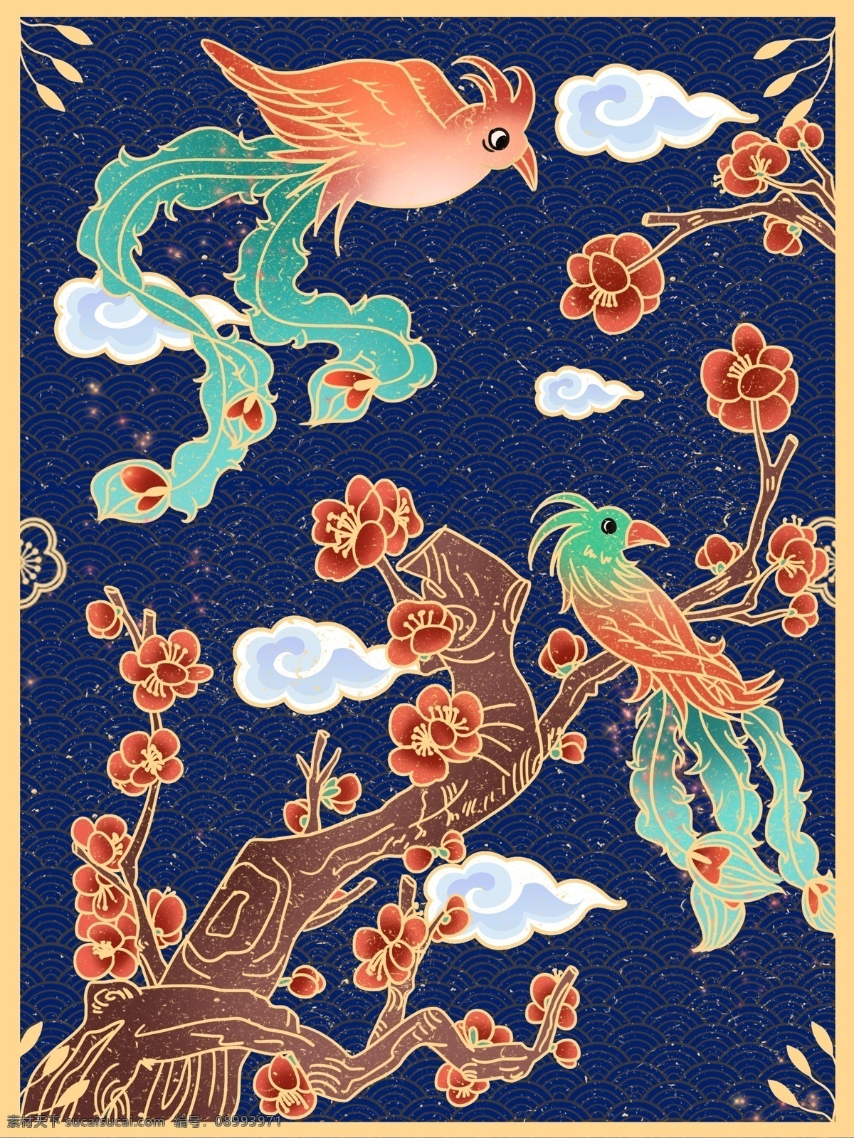 复古 国 潮 中国 梅花 凤凰 鸟 插画 国潮 凤凰鸟 中国风