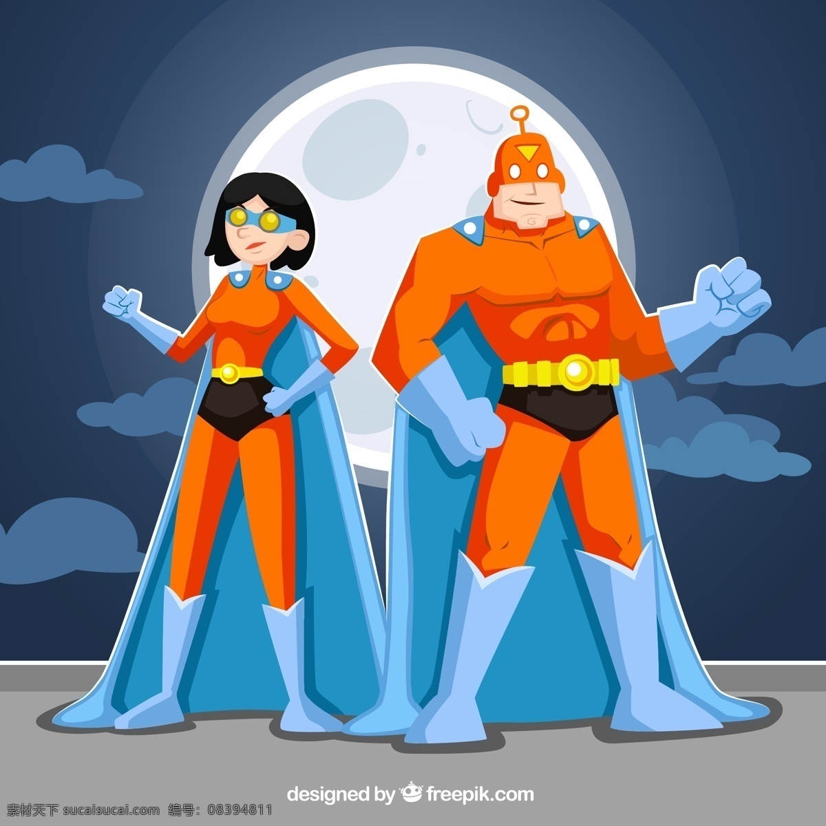 卡通 超人 男女 月亮 超级英雄 卡通云朵 男子 女子 矢量 高清图片