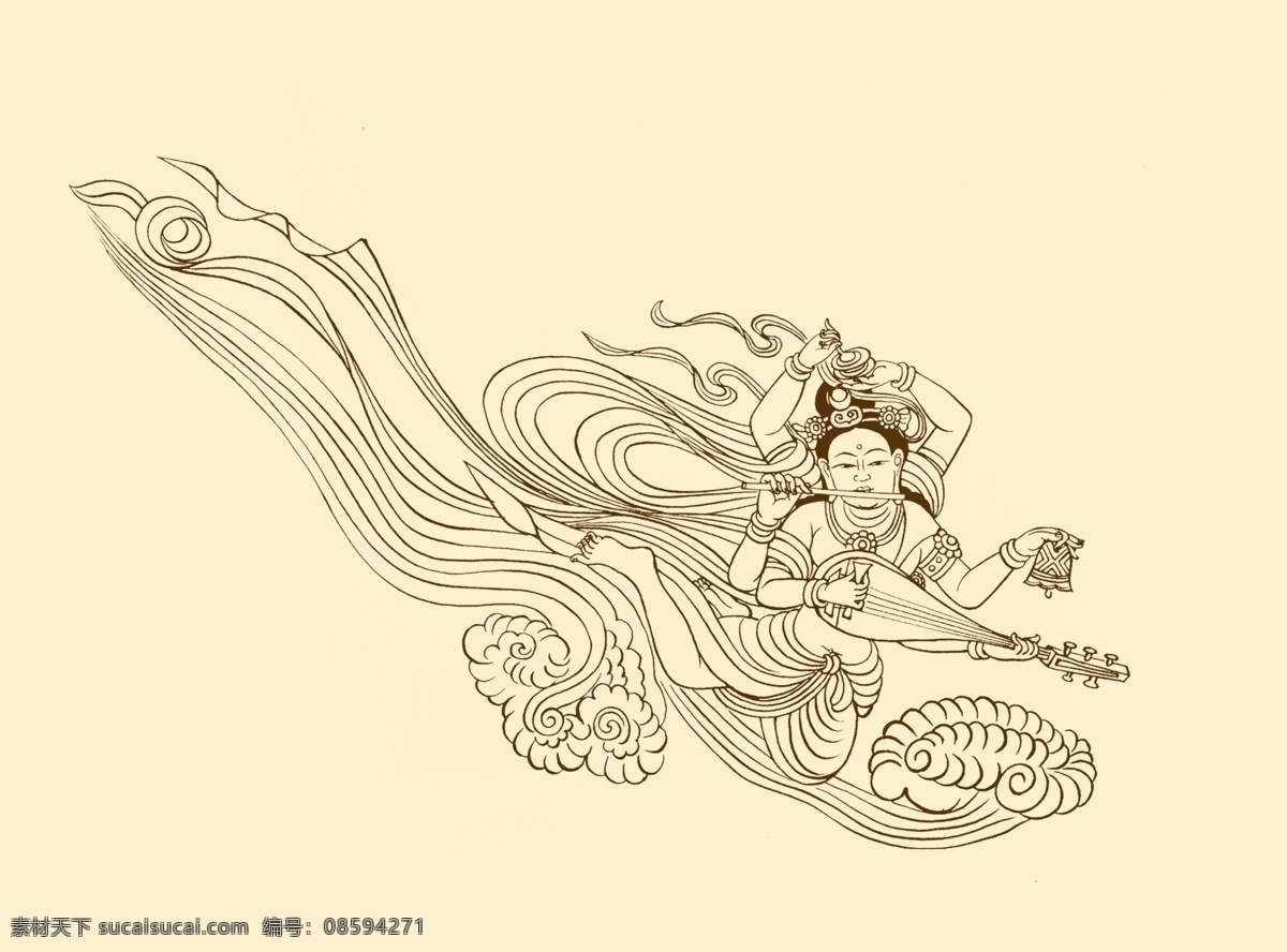 莫高窟 窟 盛唐 六臂伎乐飞天 壁画 敦煌 敦煌壁画 飞天 白描 中国画 敦煌壁画白描 人物 分层 源文件
