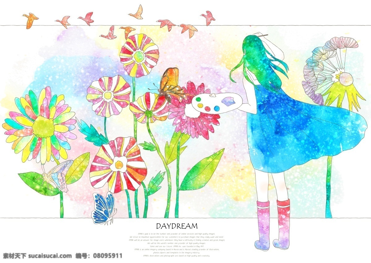 彩色 花朵 蓝 裙子 女孩 psd素材 背影 彩色花朵 插画 美女 蓝裙子 psd源文件