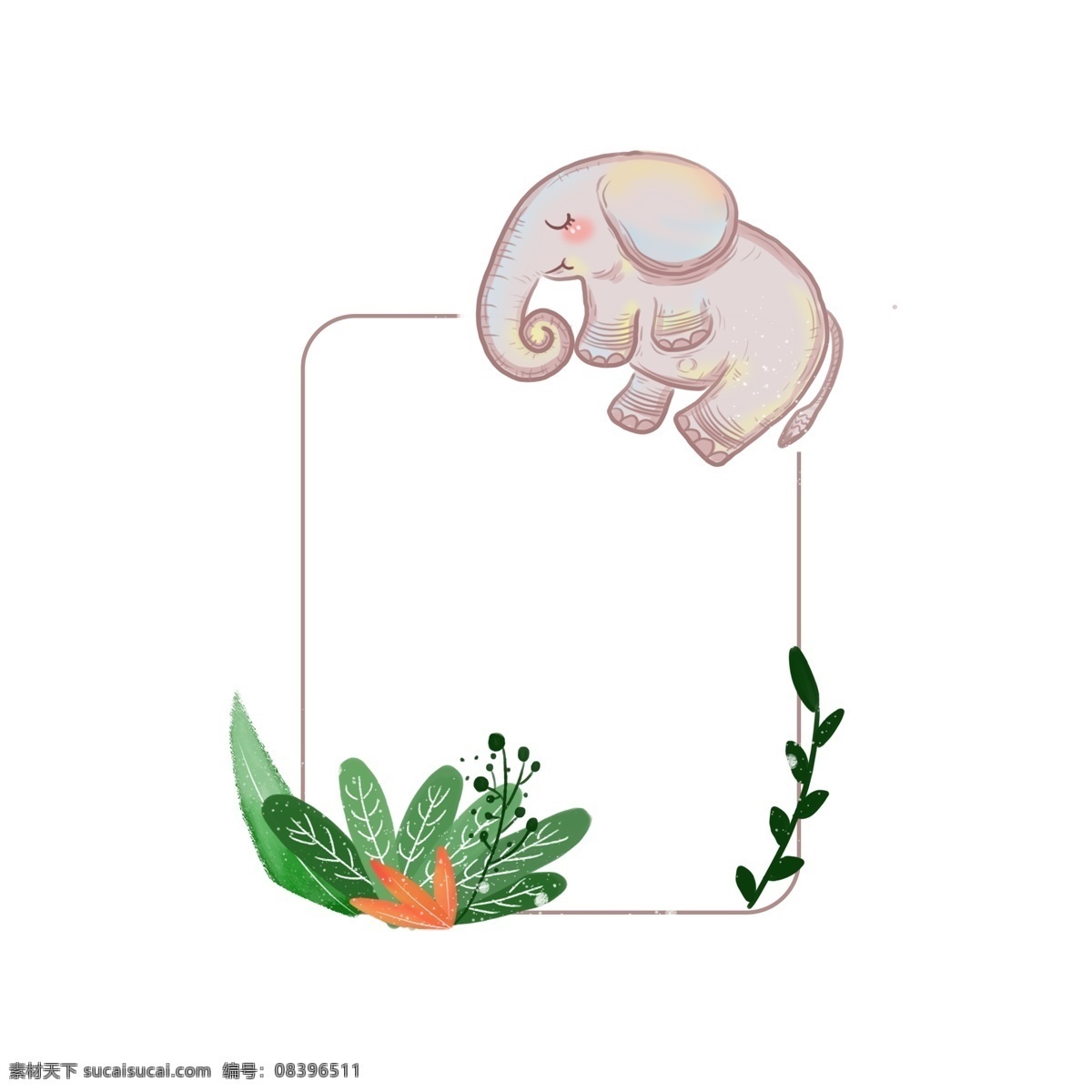 手绘 卡通 可爱 动物 边框 植物 大象 睡觉 热带 元素