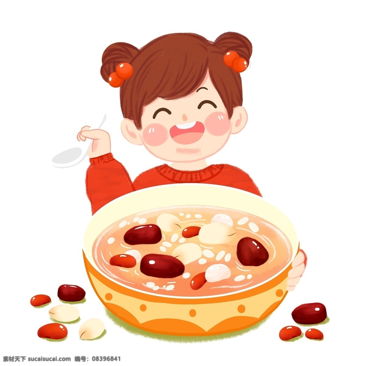 q 萌 可爱 开心 吃 腊八粥 小孩 卡通 女孩 红枣 q萌 儿童 吃粥
