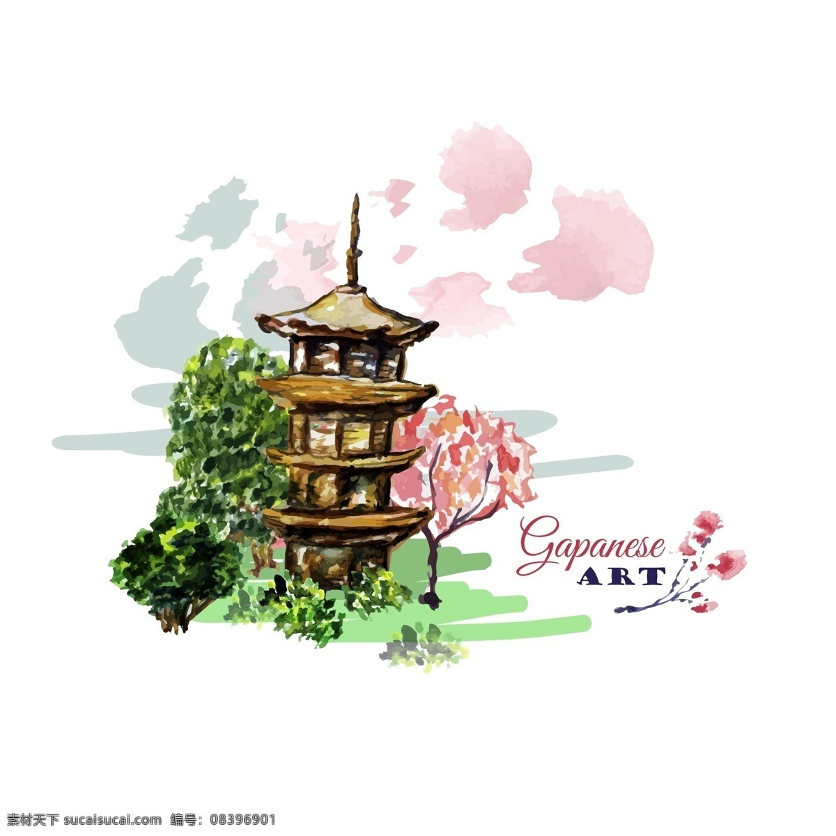 带有 亚洲 景观建筑 盛开 樱花 卡片 海报 日语 红色 粉色 建筑物 花朵 树木 森林 壁纸 背景 英寸