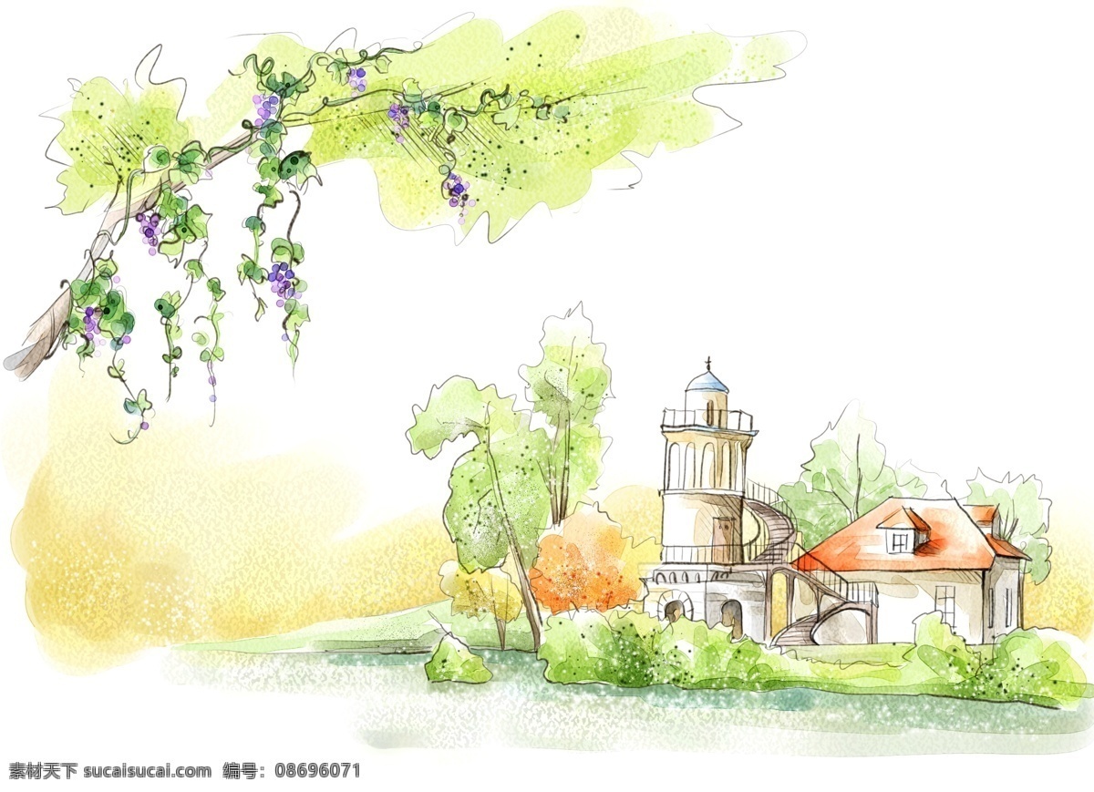 绘画风景 城镇风光 分层 psd11 设计素材 自然风情 分层插画 psd源文件 白色