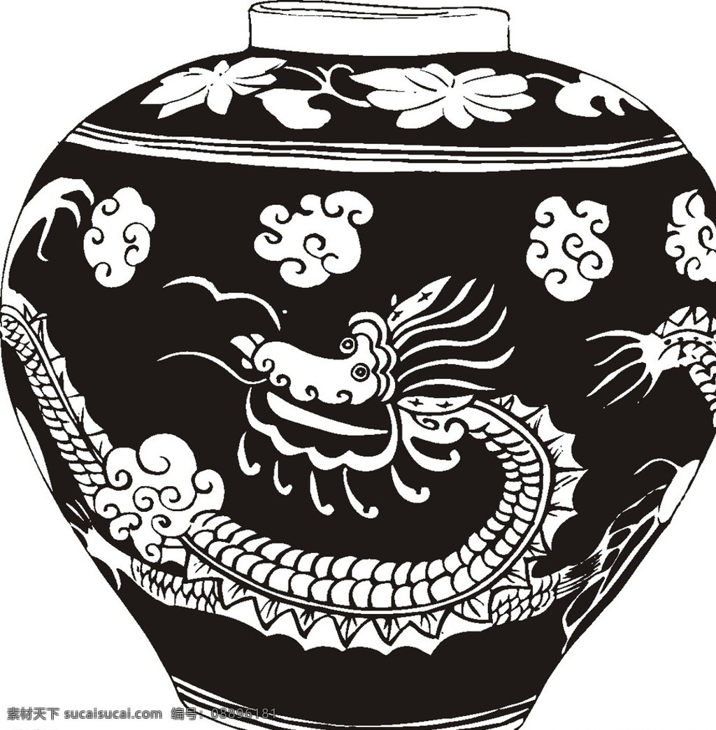 陶罐 龙纹 罐罐 矢量 祥云 矢量陶瓷 图案 文化艺术 传统文化 黑色