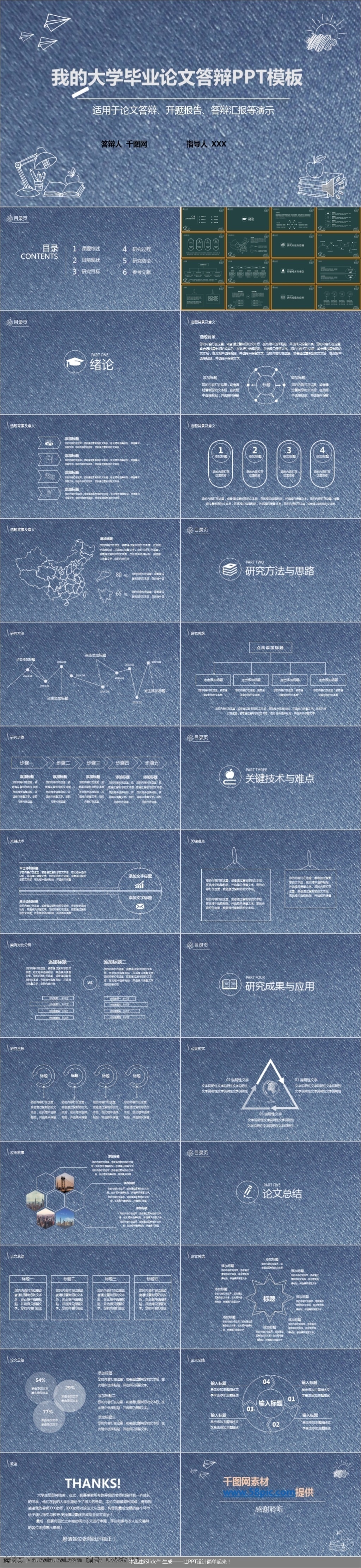 牛仔 蓝 简约 线条 毕业论文 答辩 模板 毕业论文答辩 ppt模板