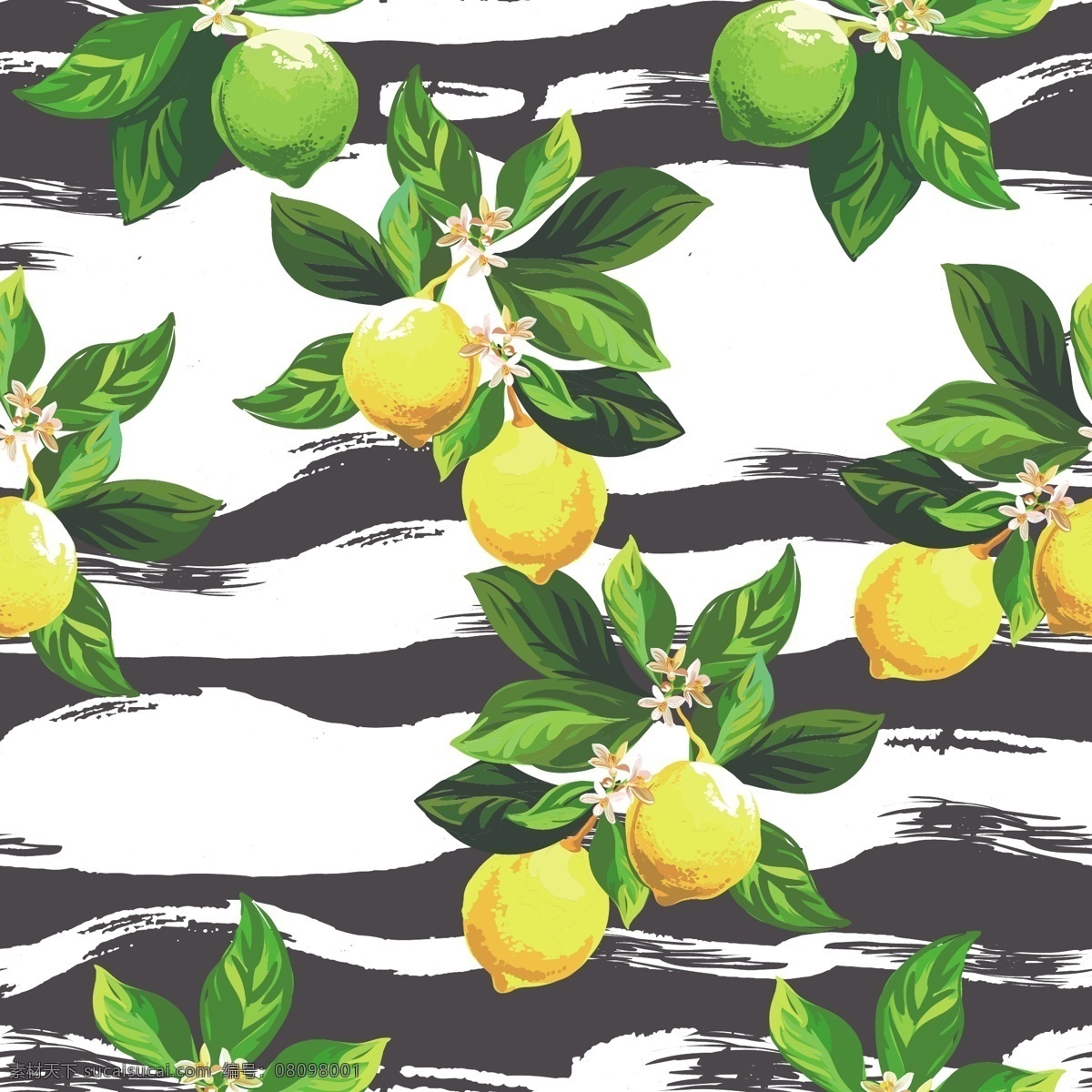 柠檬 文艺海报 插画 复古 叶子 果实 水果 精美 面料 图案 花型