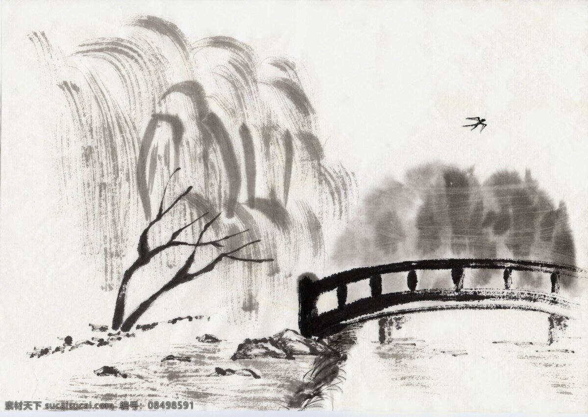 树 桥 山水 山水水墨 树木 装饰素材 山水风景画
