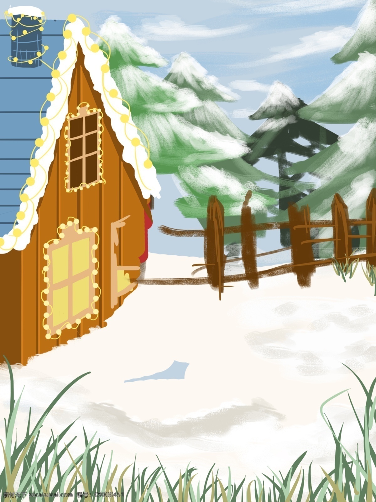 彩绘 冬季 雪地 树林 小屋 背景 清新背景 清新 创意 彩灯 小屋背景 手绘背景 通用背景 促销背景 背景展板图