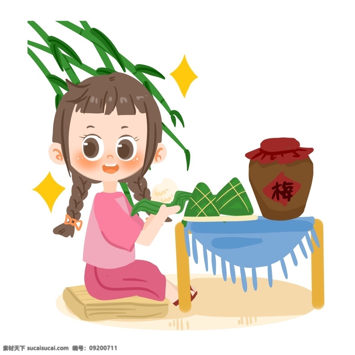 端午节 卡通 女孩 吃 粽子 星星 梅子酒 竹子 开心 端午习俗 桌子