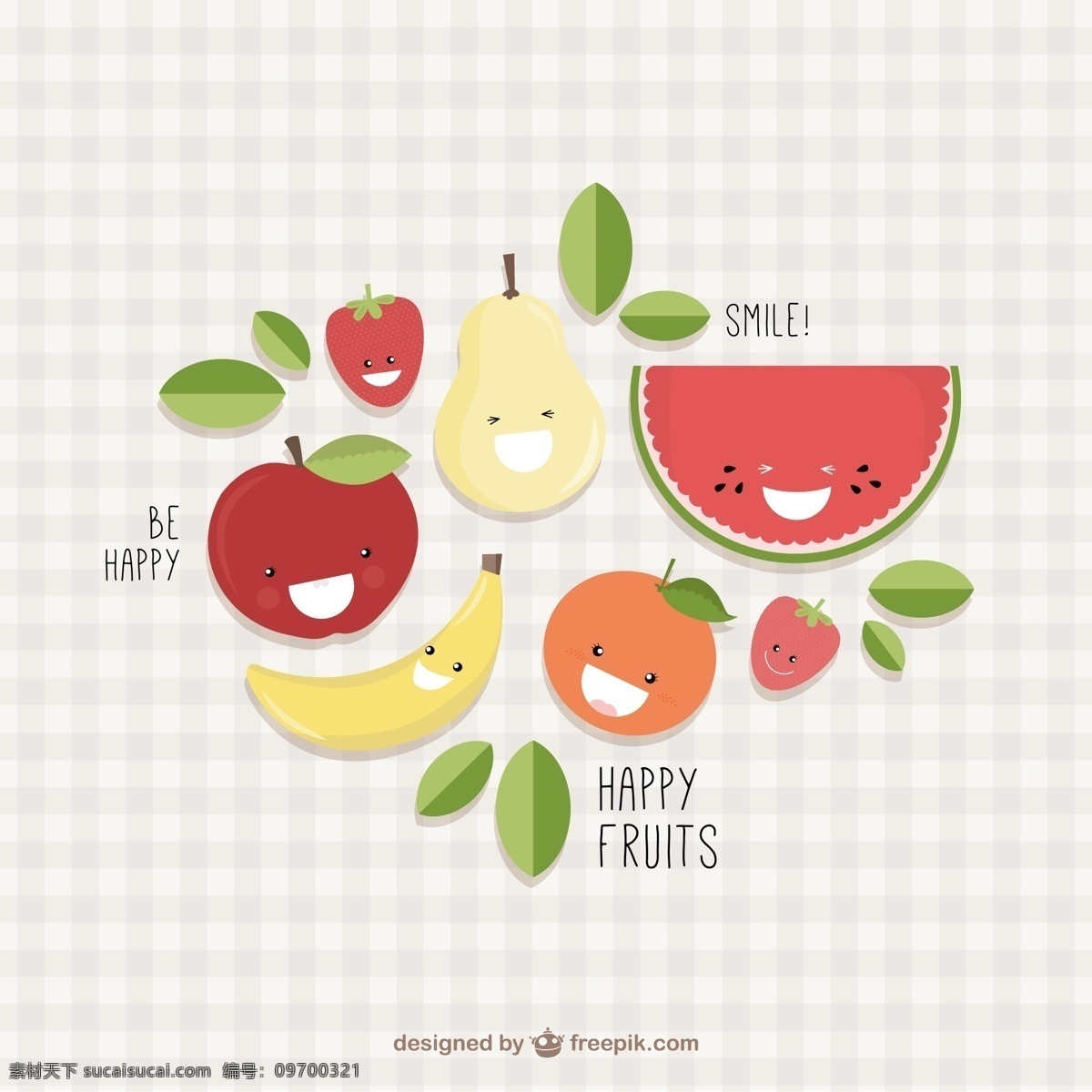开心水果 可爱水果 卡通水果 西瓜 雪梨 苹果 橙 草莓 橙子 橘子 桔子 香蕉 梨 绿叶 叶子 格子背景 水果 创意 创意水果 水果创意 矢量水果 矢量 创意果蔬 果蔬创意 生物世界