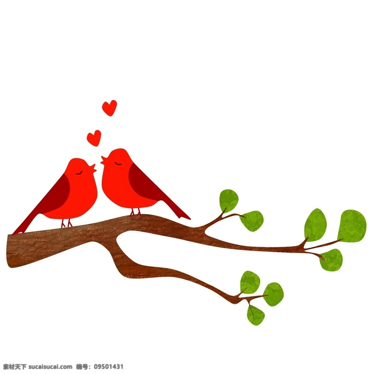 站 树枝 上 爱情 鸟 红色爱情鸟 手绘绿叶树枝 红色心形 浪漫爱情鸟 卡通爱情鸟 爱情鸟插画