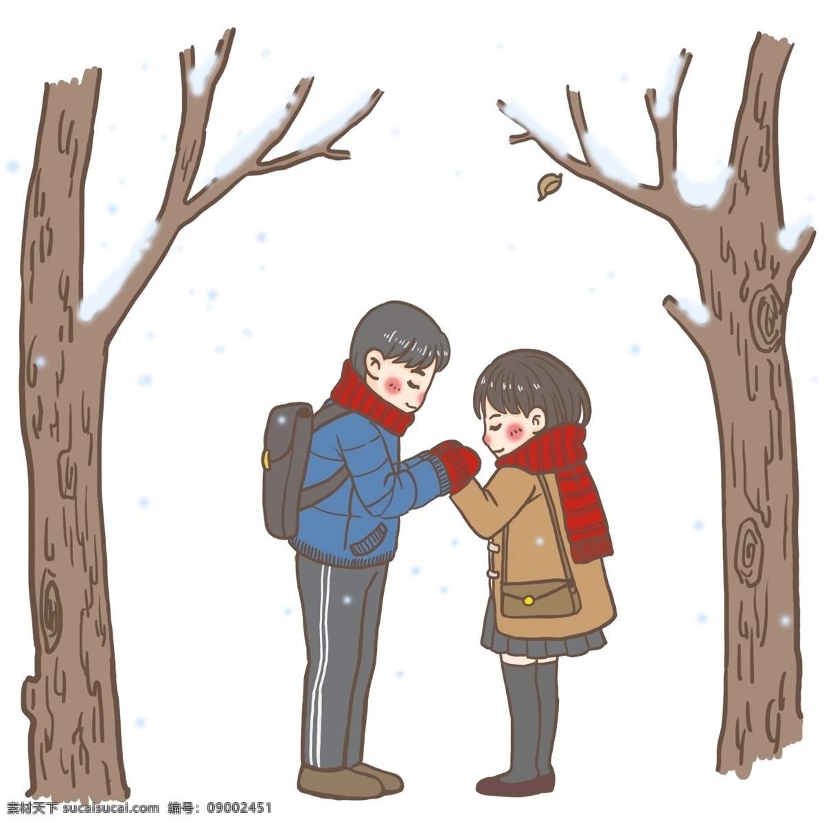 情侣 小雪 二十四节气 冬天 寒冷 天气下小雪 冬季 可爱 积雪 两棵树 情侣和小雪 握手 温暖 小裙子