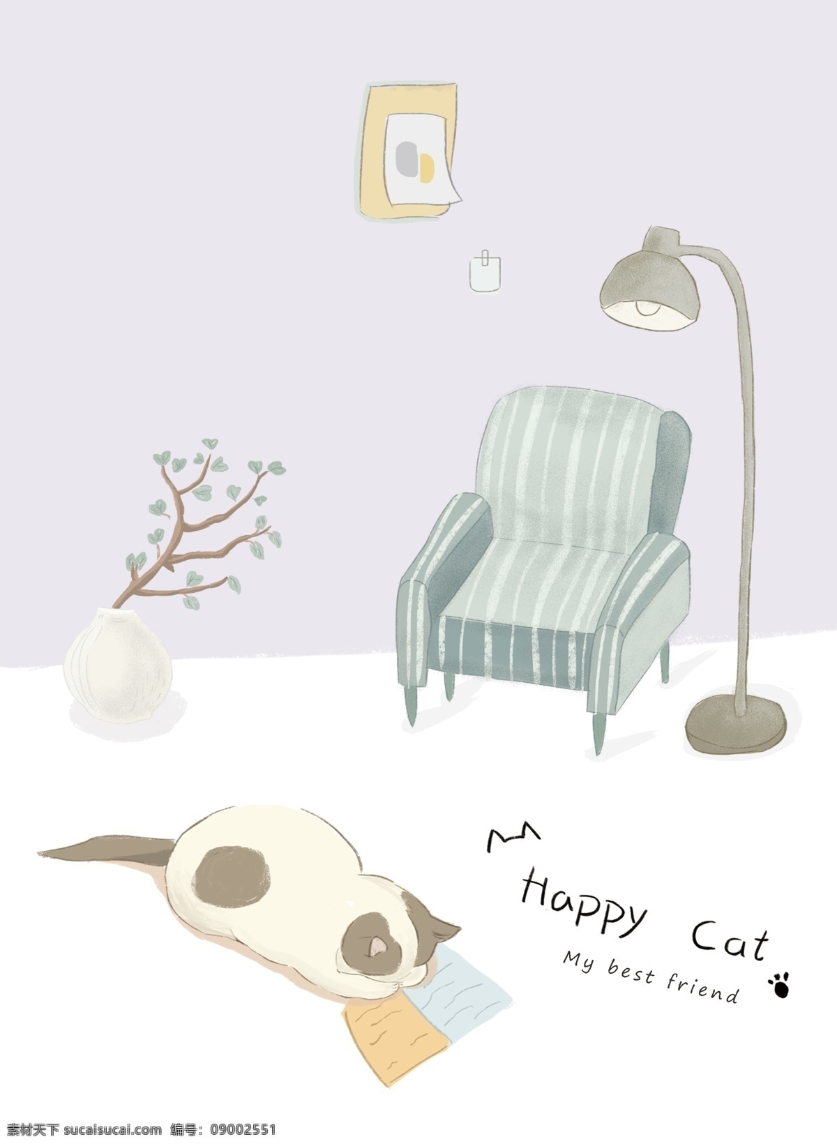 唯美 清新 小猫 插画 背景 紫色 沙发