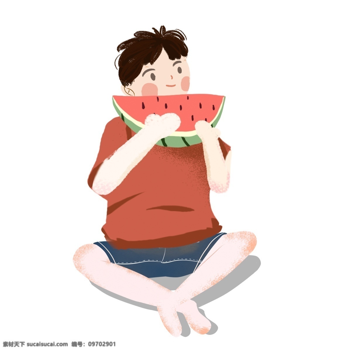 手绘 吃 西瓜 男生 插画 夏天 人物 吃西瓜 男孩 儿童