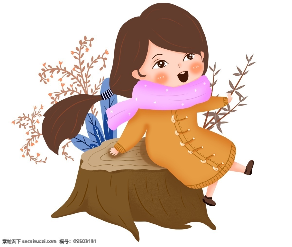 手绘 坐在 木桩 上 女孩 插画 女孩插画 户外 蓝色 插图 手绘女孩 紫色围巾 木桩插画 大寒 长头 发