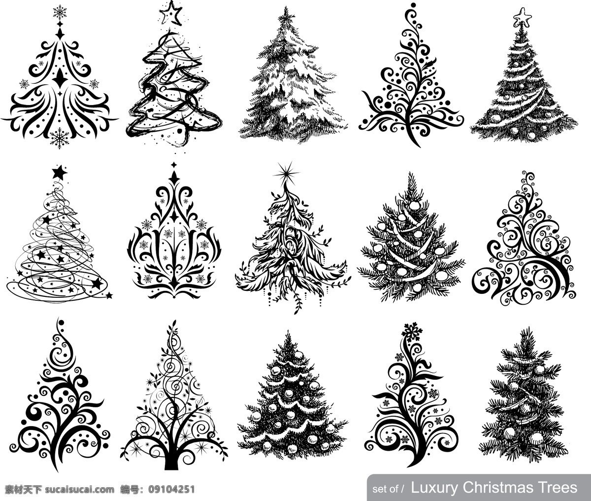 手绘 圣诞树 纹样 矢量 圣诞节 矢量图 样式 圣诞树花纹 其他矢量图