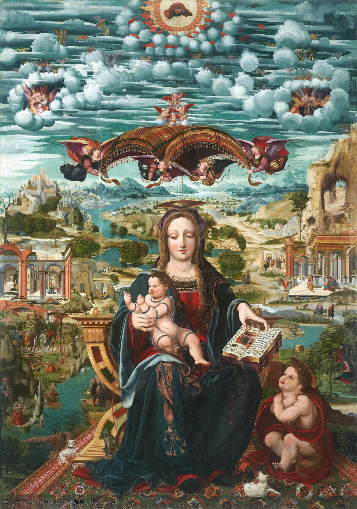 圣母与圣婴 圣母玛丽娅 圣婴耶酥 手持圣书 天使们 圣徙 天堂世界 宗教油画 油画 绘画书法 文化艺术