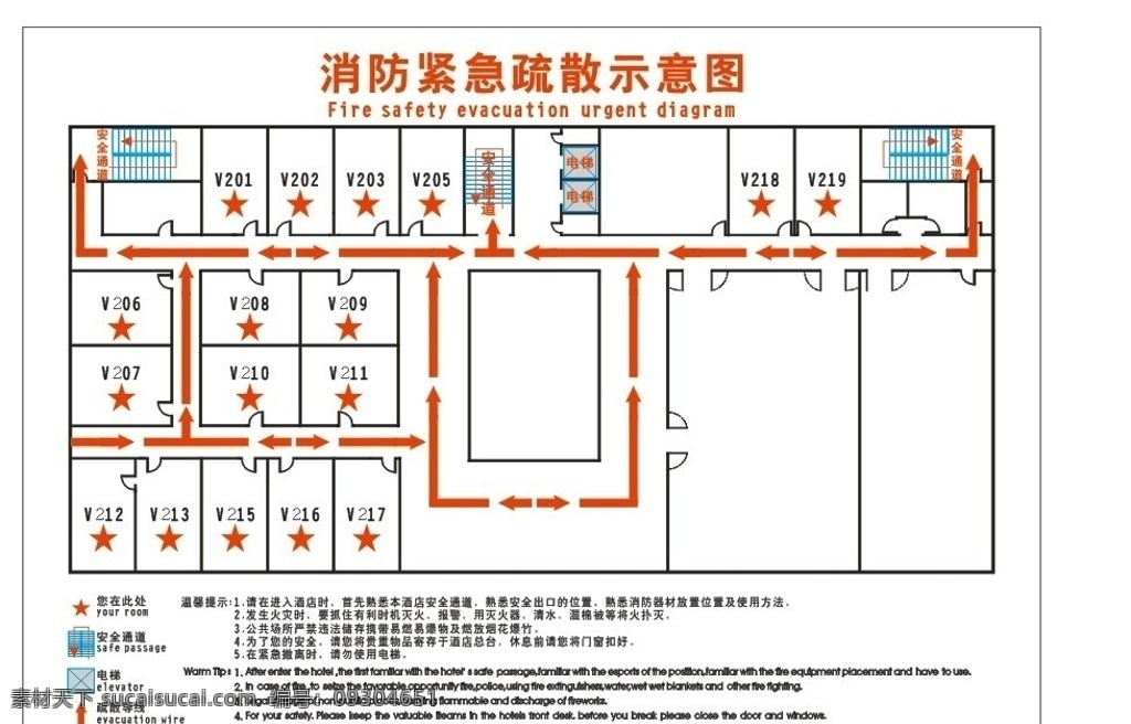 消防指示图 走火图 平面图 酒店 宾馆 客房 消防图 电梯 楼梯 安全通道 指引方向 指示牌 疏散 五角星 消防提示 紧急 房号牌 英文提示 中文提示 导向 门 布置 室内设计 建筑家居 矢量