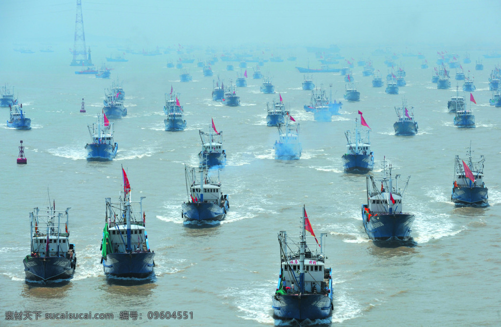 渔船出海 舟山 渔船 出海 海洋 文化 工业生产 现代科技 青色 天蓝色