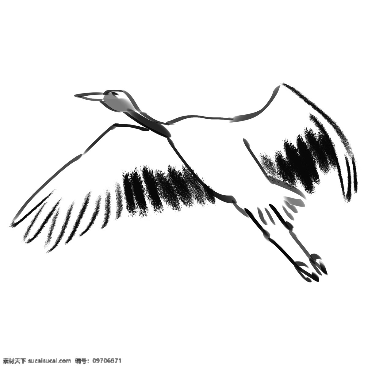 创意 水墨 飞舞 仙鹤 黑白仙鹤 鹤 白鹭 飞翔 一只鹤 鸟儿 动物 插画 手绘水墨鸟