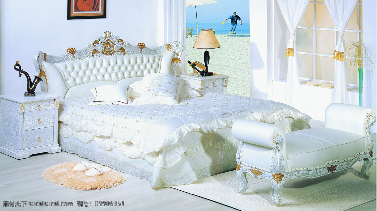 欧式 软床 背景 床头柜 地毯 挂画 台灯 欧式软床 欧式软床背景 装饰素材 室内设计