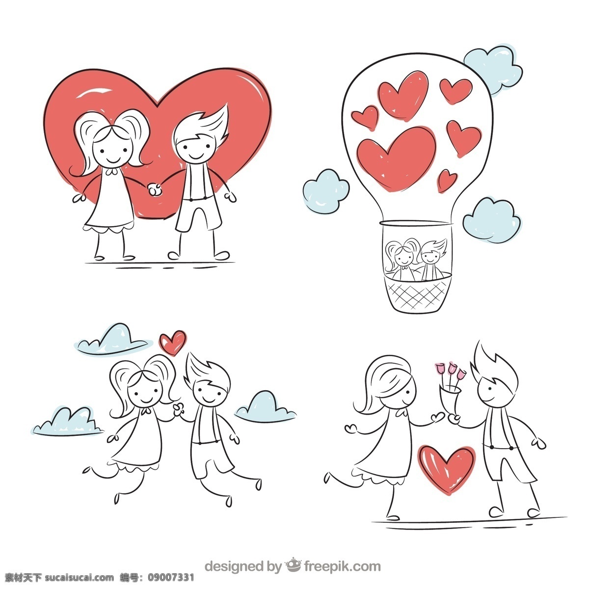 情侣装素描 心 爱 手 手绘 情人节 庆祝 气球 夫妇 绘画 心脏 浪漫 美丽 日 画 爱的情侣 包装 粗略