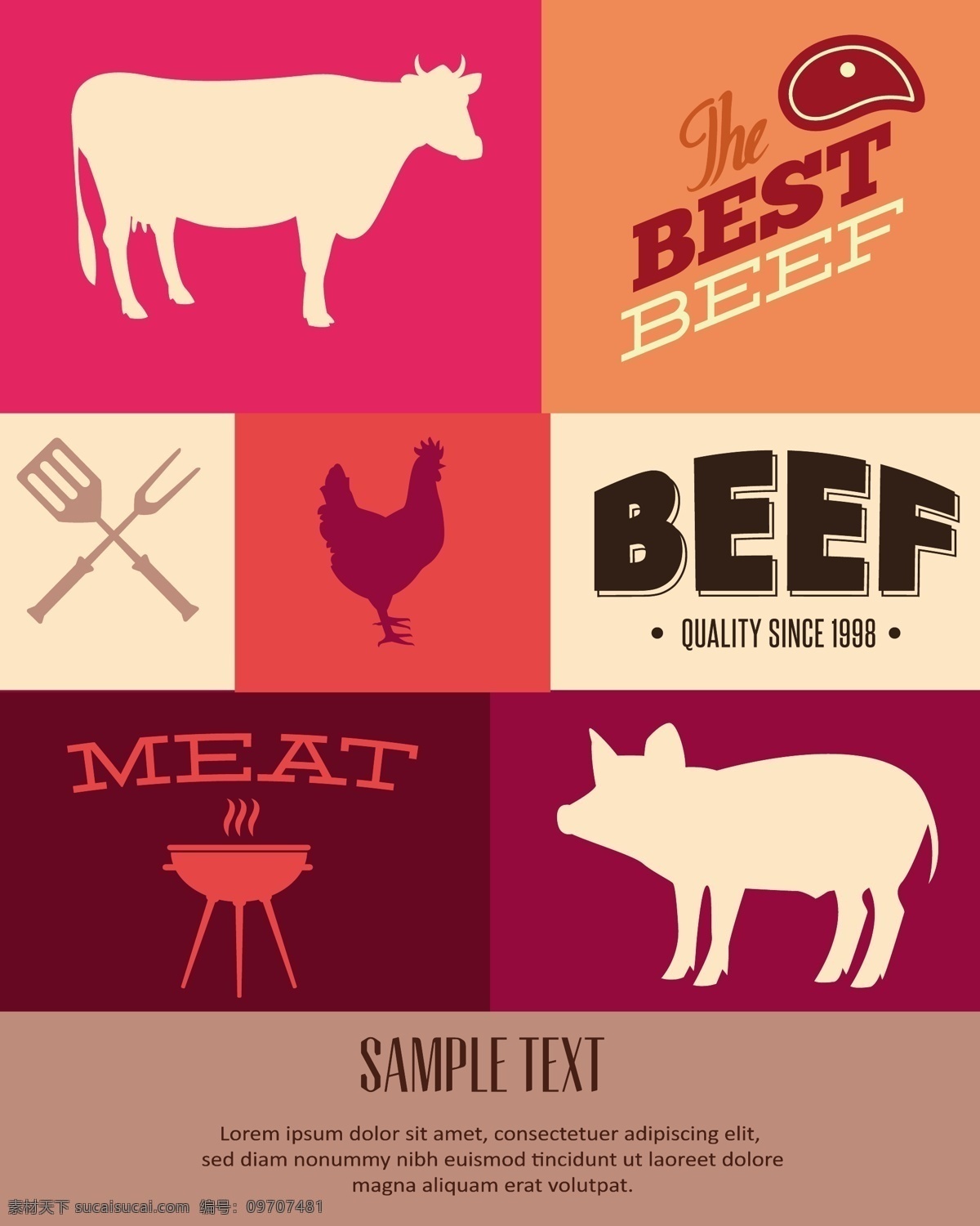 烤肉海报 烧烤 牛 猪 鸡 食品插画 美食漫画 美食海报 食品海报 其他模板 矢量素材 红色