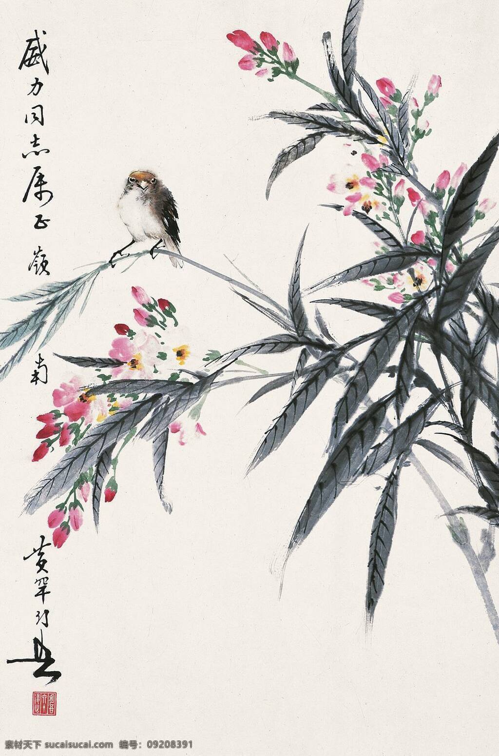 春 妩媚 花鸟 刺绣 室内装饰设计 中国画 立轴 设色纸本 写意花鸟画 鸟雀 黄幻吾作品 工艺美术 平面广告 装饰设计 文化艺术