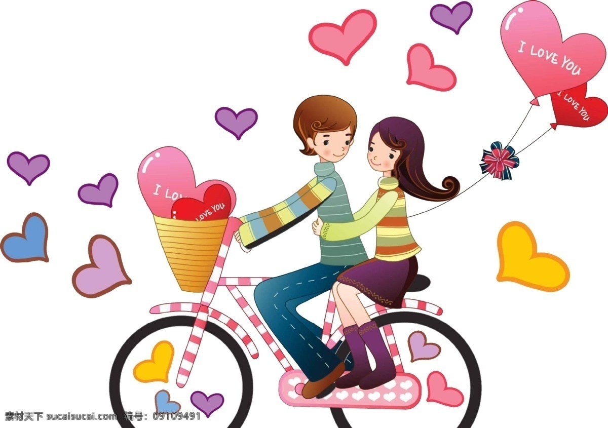 卡能情侣 卡通单车 汽球 心形球 童话情侣 男女情侣 骑单车 分层