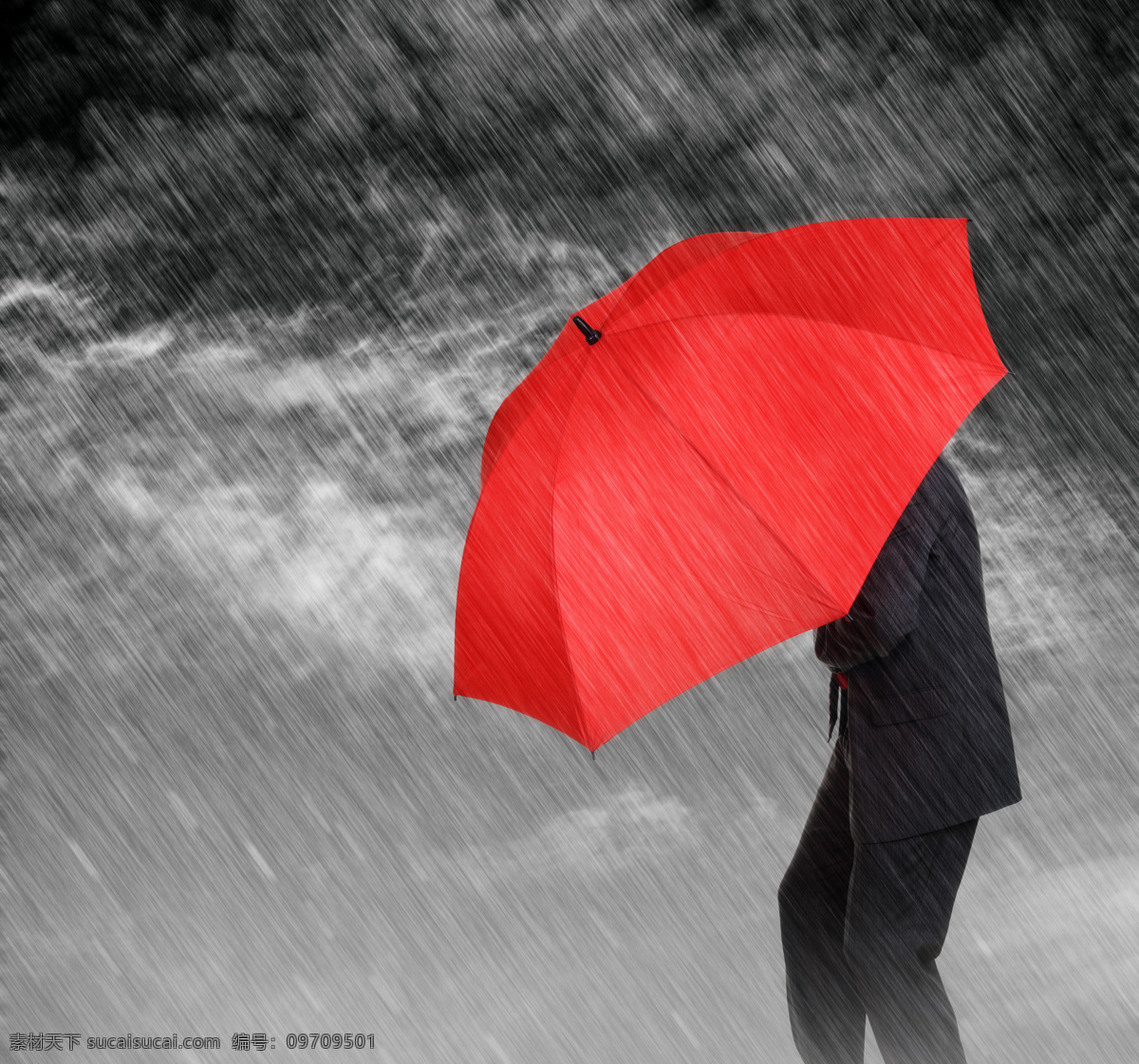 雨 中 打着 红色 雨伞 男人 雨中 红色雨伞 商务人士 生活人物 人物图片