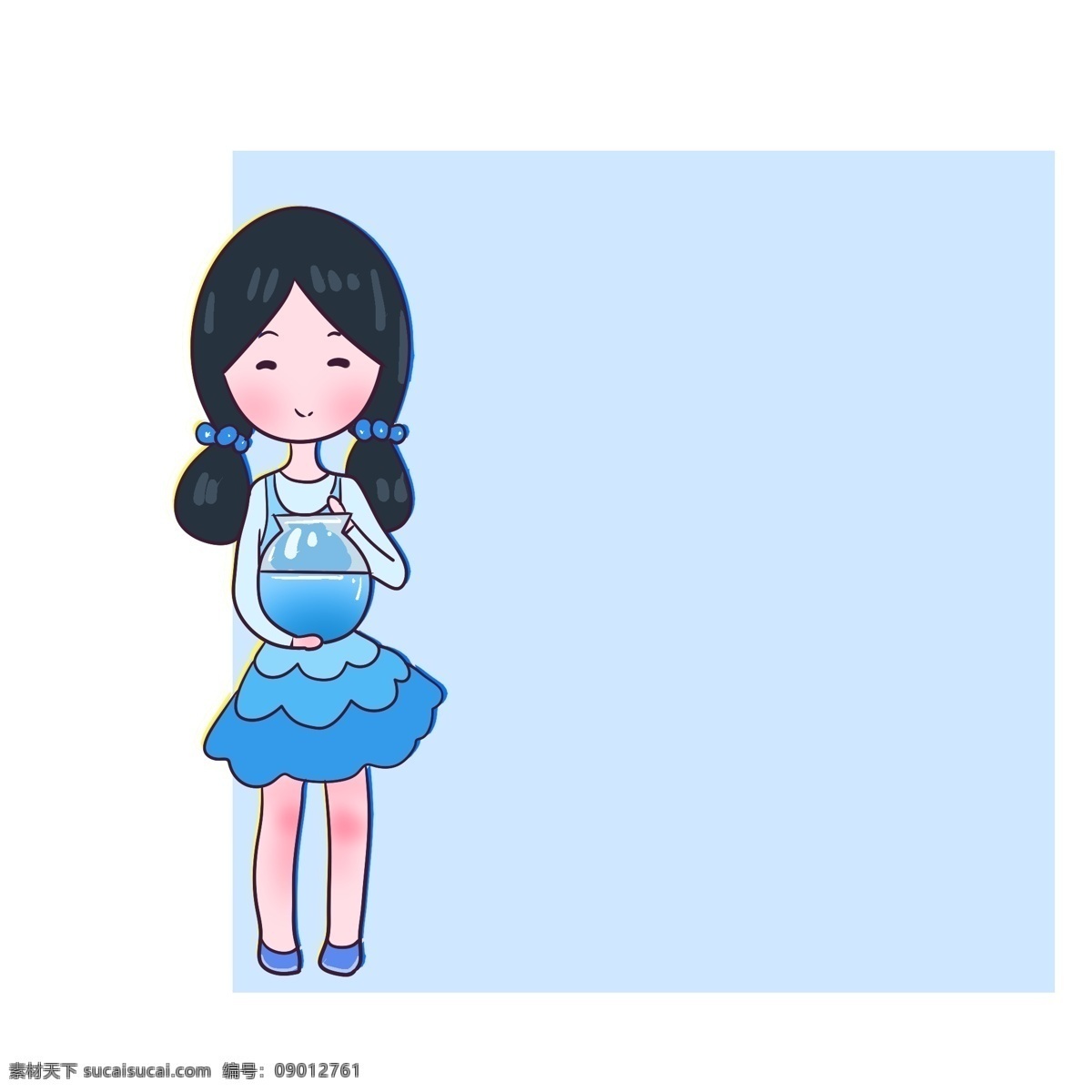 抱 鱼缸 女孩 蓝色 边框 蓝色方形边框 小女生边框 卡通小人 抱鱼缸女孩 穿蓝衣服女孩 可爱卡通女孩