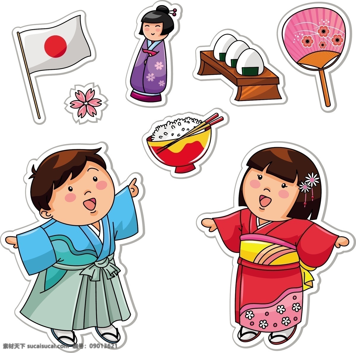 日本元素贴纸 日本元素 贴纸 太阳旗 旗帜 樱花扇 扇子 饭碗 米饭 花卉 花朵 樱花 卡通 儿童 小孩 孩子 孩童 幼儿 幼童 男童 女童 男孩 男生 女孩 女生 人物 插画 背景 海报 画册 矢量人物 人物图库 儿童幼儿