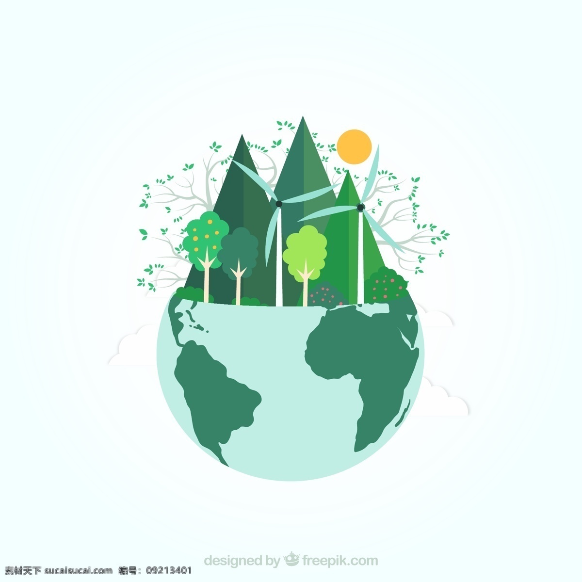 绿色 能源 地球 树木 太阳 发电风车 矢量 高清图片