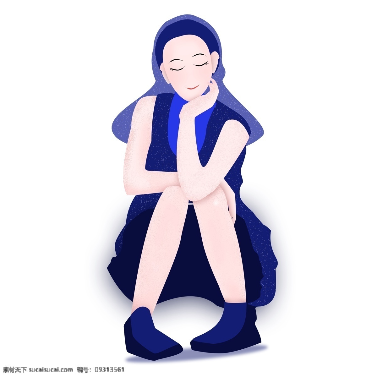 乖巧 手绘 少女 装饰 元素 长发 美丽 长裙 端庄 装饰元素 秀气 人物