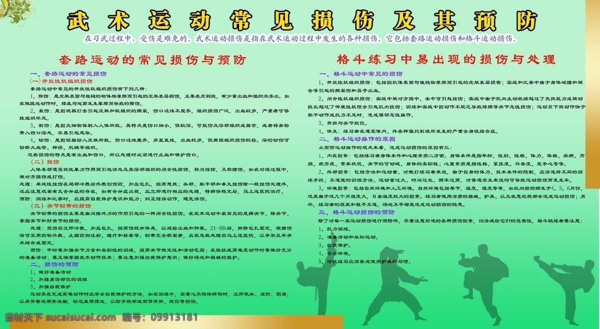 武术知识展板 武术 运动 常见 损伤 及其 预防 展板 武术底图 武术知识 绿色背景 练功图 小花 展板模板 广告设计模板 源文件