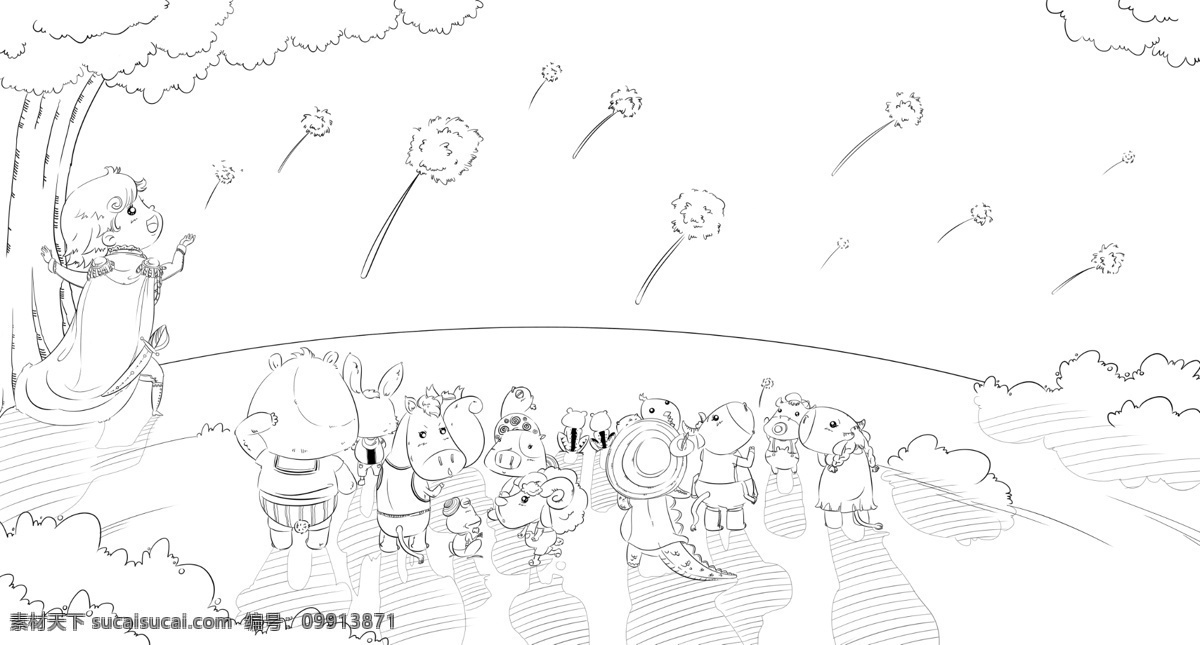 小王子 小动物 卡通插画 黑白线稿 插画 动漫动画 动漫人物 白色